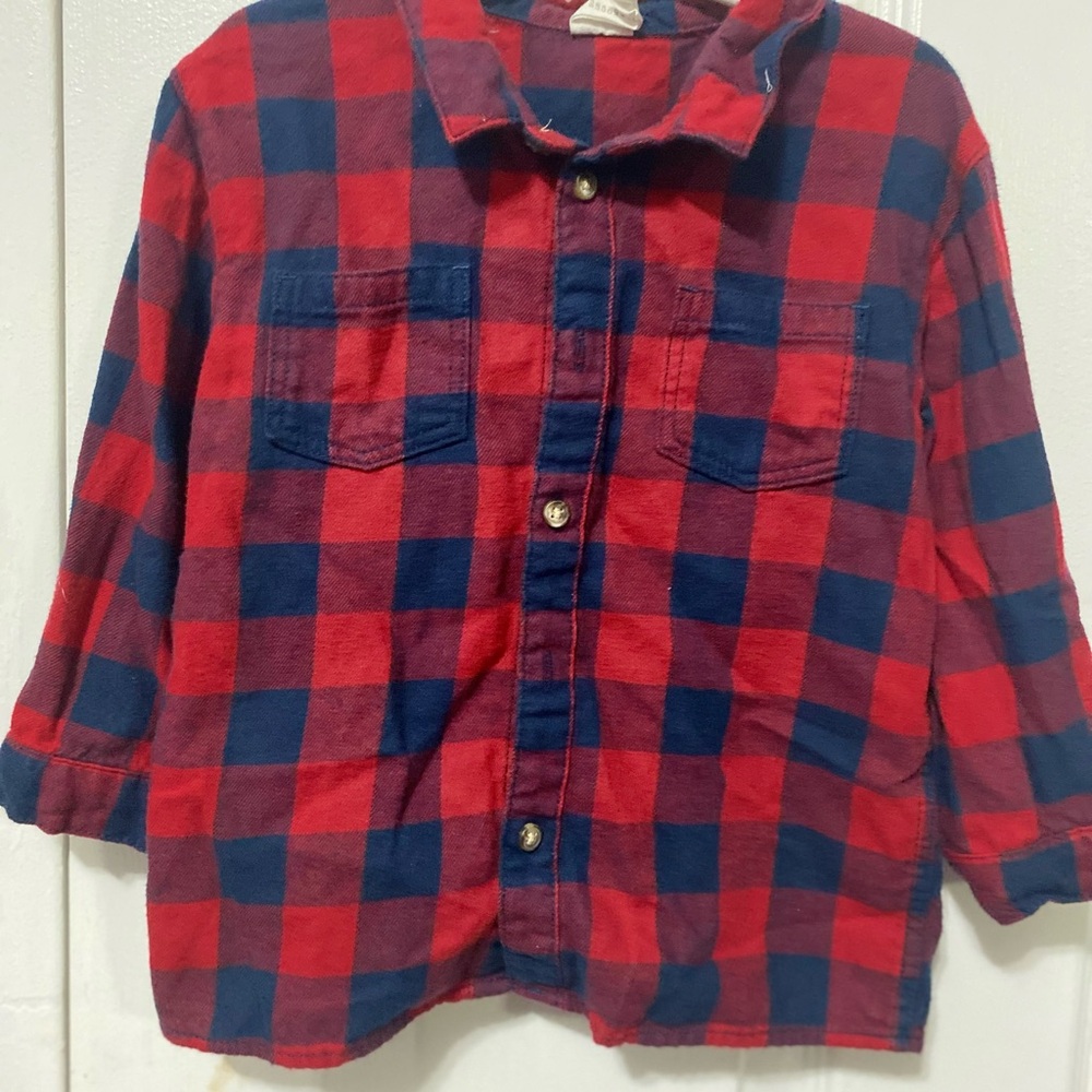 EUC H&M Kids Red & Blue Buffalo Plaid Flannel Shirt 1.5-2YRS